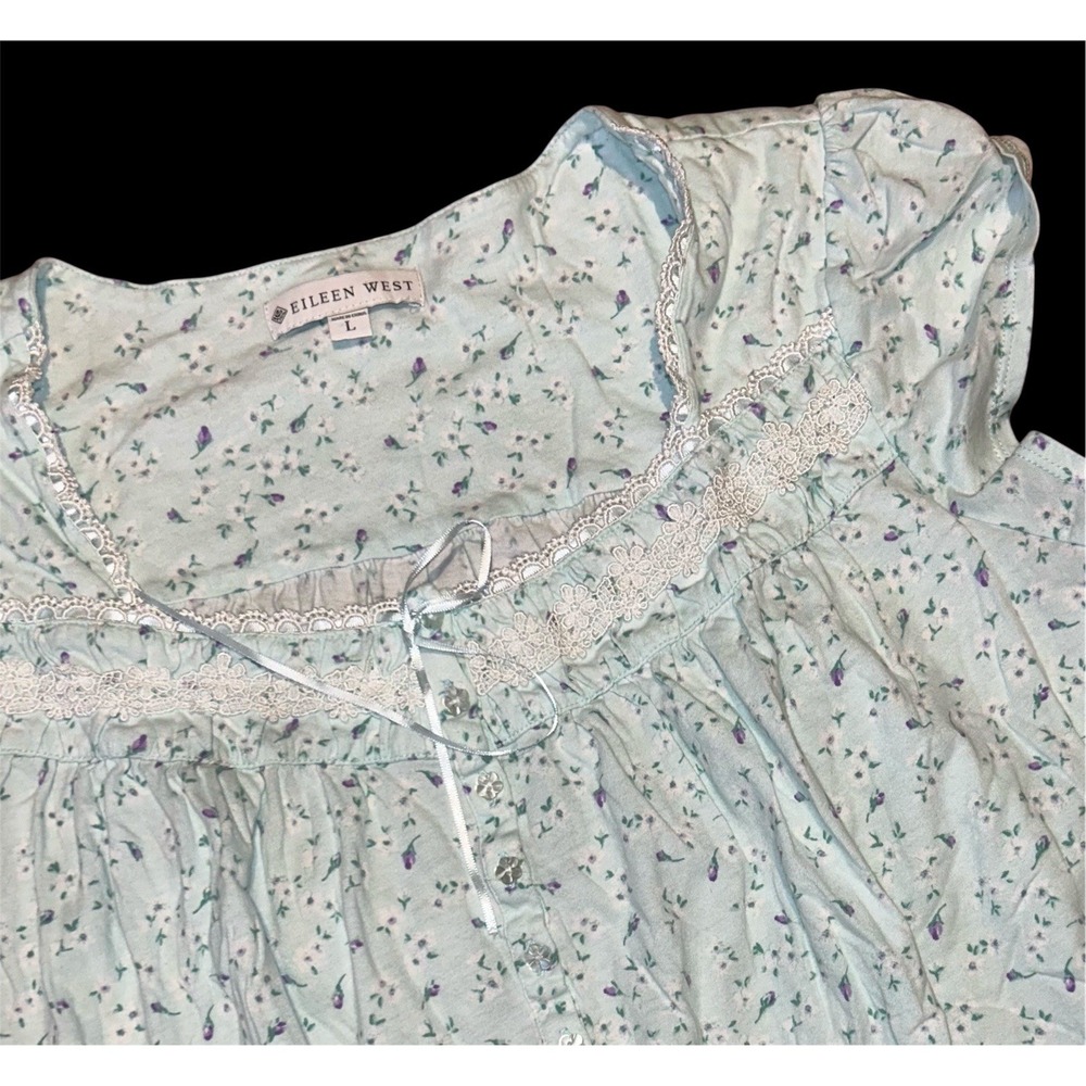 Eileen West Nightgown Floral Cap‎ Sleeve Cotton Jersey Ballet Sz L Mint Green - Picture 2 of 7